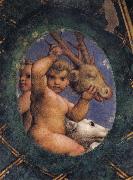Correggio, Two ovals depicting a putto with a stag's head and a putto with a greyhound
