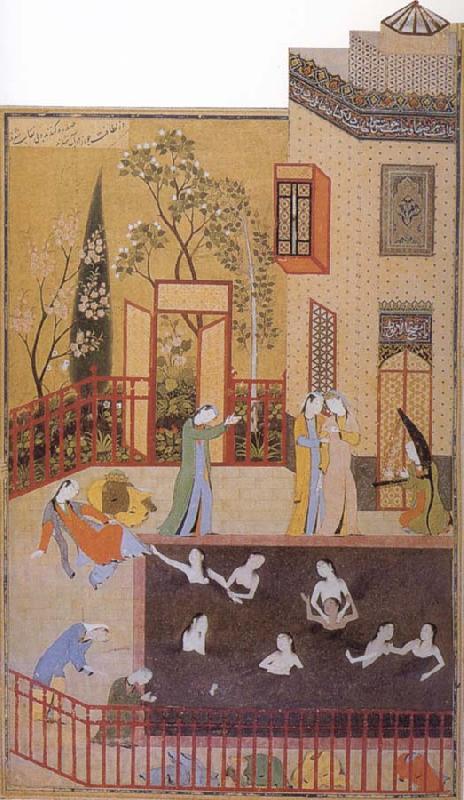 Bihzad The Master of the garden espies the maidens bathing in his pool Spain oil painting art