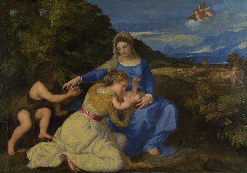 Titian The Virgin and Child with the Infant Saint John and a Female Saint or Donor Spain oil painting art