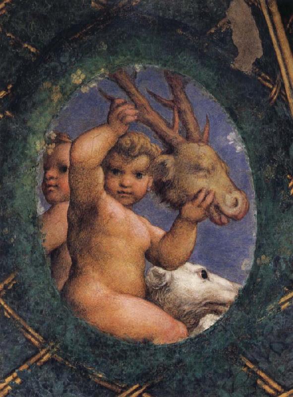 Correggio Two ovals depicting a putto with a stag's head and a putto with a greyhound France oil painting art